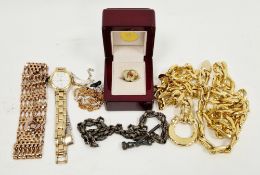 Collection of costume jewellery including a gold-plated gate-bar bracelet, gold-tone necklace,