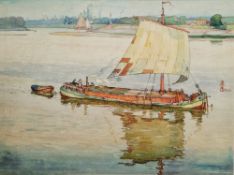 Philip Leslie Moffat Ward (1888-1978) Watercolour Sailing barge on river with factory beyond,
