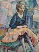 Mid-20th century school  Oil on board Portrait of a seated lady, with abstract background,