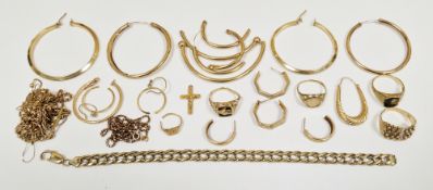 Collection of broken gold jewellery, mainly 9ct, including rings, earrings, necklaces and