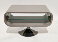 Retro Techlink-style media stand, the curved grey plastic top with single glass shelf, on a chrome-