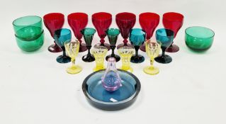 Collection of 19th century and later coloured glass including a set of six ruby red wine glasses,