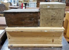 19th century pine blanket box with hinged lid and pair of iron handles, 29cm high x 79cm wide x 43cm