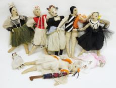Set of six 1920's French boudoir style dolls, all with cloth bodies, embroidered facial features and