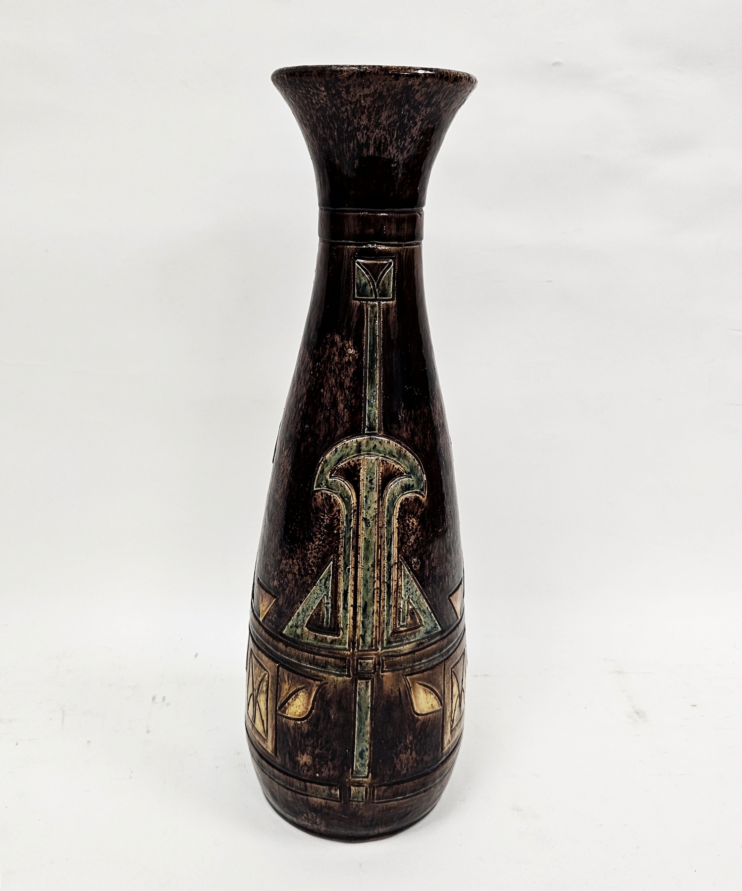 Belgian Art Deco pottery tall tapering oviform vase with flared neck, impressed Made in Belgium to