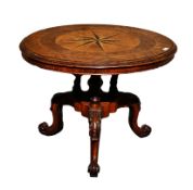 19th century-style marquetry inlaid snap-top circular occasional table, centred by ebony and boxwood