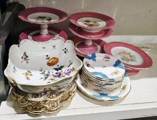 English mid-19th century pink ground part dessert service, printed and painted with botanical
