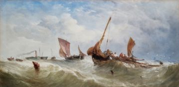 20th century school Watercolour Maritime scene with fishing boats and paddle steamer on rough sea,