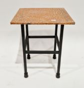 Square side table with hammered copper covered top, on a metal base, 50cm high x 38cm wide