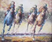 J. Danny (20th/21st century) Oil on canvas Racehorses in full flight, signed lower right, 51cm x
