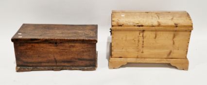 19th century pine domed top blanket chest of tapered form having two iron handles, on bracket