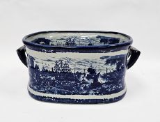 Reproduction 19th century-style ironstone transfer-printed blue and white two-handled shaped oval