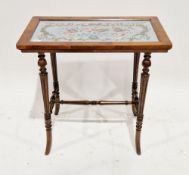 Mahogany side table in the Regency manner, the rectangular top with glazed needlework inset panel,