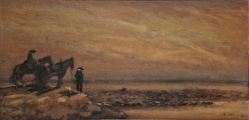 20th century school Oil on canvas Two figures with horses standing on rocks observing a lone rider