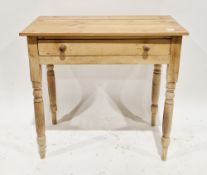 19th century pine side table with single frieze drawer, on turned tapering legs, 72cm high x 77cm