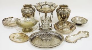 Large collection of silver plated items including serving trays, swing-handled bowls, centre