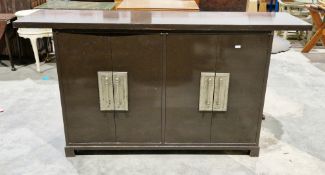 Contemporary lacquered hardwood side cabinet, the long rectangular top over two sets of double