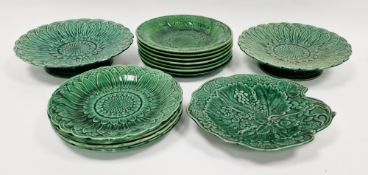 Group of English green glazed majolica leaf moulded dishes, late 19th century, one impressed