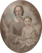19th century British school  Pastel on paper Portrait of a mother and child, within oval mount, 38cm
