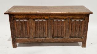 Oak coffer in the 18th century manner, the rectangular top over a four-panel front with moulded