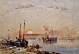 19th/20th century school Watercolour Estuary scene with fishing boats at sunset, unsigned, framed