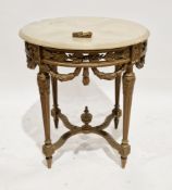 French side table in the Louis XV-manner, the circular onyx top on a giltwood-effect base, the