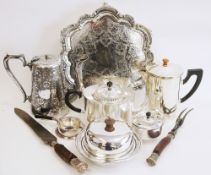 Mixed lot of silver plate including a serving tray with engraved decoration, a coffee pot with