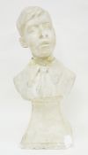 Plaster head and shoulders bust of a boy on a square tapered plinth, 61cm high