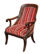 19th century Irish mahogany open arm library chair upholstered in colourful striped dralon and