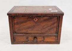 19th century mahogany workbox with hinged panel lid, panelled front and sides, drawer below, 20cm