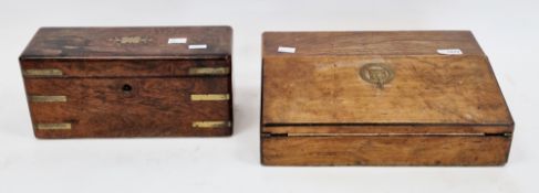 19th century brass bound camphorwood box, 14cm high x 30cm long and a 19th century walnut writing