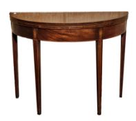 Mahogany folding card table, green baize lined, demi-lune shape, on square tapering supports, 96cm