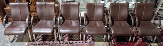 Hands of Wycombe - set of six contemporary boardroom elbow chairs having brown leather upholstered