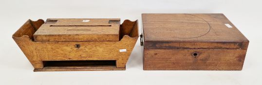 Late 19th/early 20th century oak stationery box, the hinged lid with recesses for inkwells and a