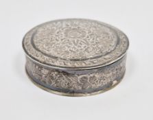 Middle eastern 840 grade silver trinket box, of circular form with lift-off lid, with chased