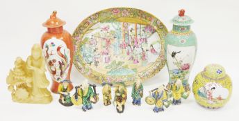 Collection of Chinese pottery and soapstone, including two 20th century vases, oviform, the first