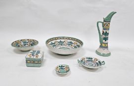 Group of Bursley ware Art Deco pottery designed by Charlotte Rhead, printed black marks, painted