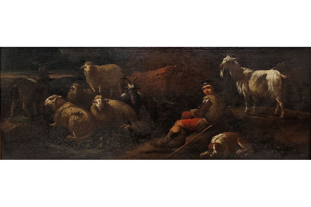 In the manner of Phillipp Peter Roos Oil on canvas Shepherd and his dog with his sheep and goat - Image 2 of 4