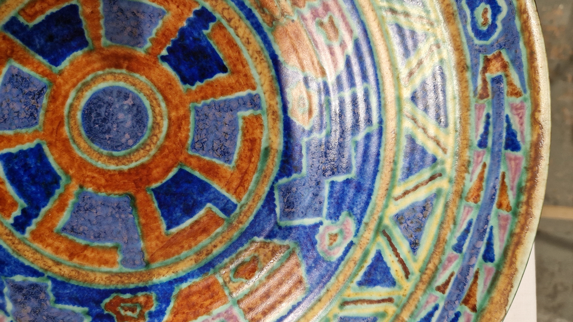 English pottery Art Deco charger, probably by Charlotte Rhead, indistinct blue marks to reverse, - Image 9 of 14