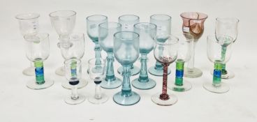 Collection of 17 contemporary glass goblets including a set of six blue glass goblets with frilled