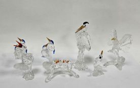 Seven Swarovski crystal glass birds including ' Baby lovebirds ' 199123, ' Stork with baby '