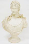 Continental white glazed head and shoulders plaster bust of a 19th century woman wearing a scarf