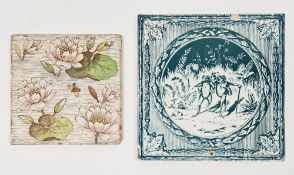 Minton & Hollins transfer-printed tile in green, depicting the two frogs from Aesop's Fables, the