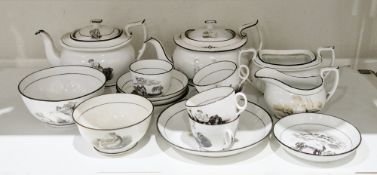 English porcelain bat transfer-printed part tea service, circa 1820, probably New Hall, printed in