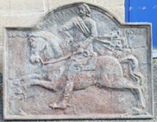 17th century cast iron fireback of arched rectangular form, relief cast with an image of a