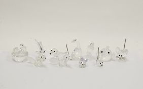 11 Swarovski crystal glass animal ornaments including two mice with metal tails, mother goose, two