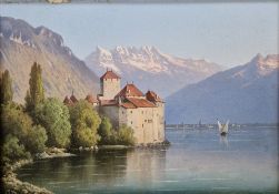 Gottlieb Dietrich (Swiss, 1854-1926) Oil on board View of Chillon Castle overlooking Lake Geneva,