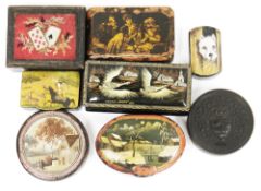 Collection of eight snuff and trinket boxes including 19th century papiermache snuff box decorated