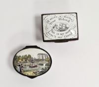 Two George III English enamel snuffboxes, the first possibly Battersea painted with a house and