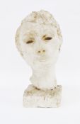 20th century white painted plaster bust of a young person with short wavy hair, on a square plinth